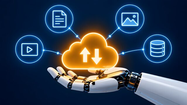 Robotic hand holding a glowing cloud computing icon connected to multimedia data symbols representing artificial intelligence network storage and backup