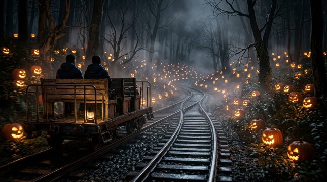 Train Journey Through Mystical Pumpkin Forest Illuminated by Glowing Halloween Lights Under Moonlight