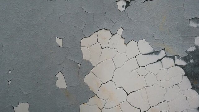 Peeling grey paint reveals severely cracked white plaster layers on an old concrete wall surface