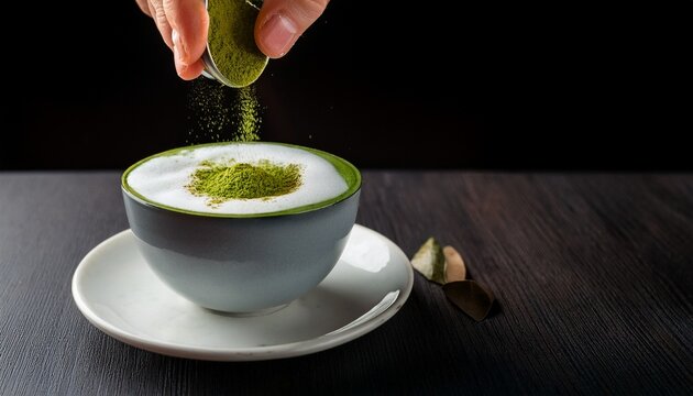 hand sprinkling green matcha powder on a creamy latte with foam