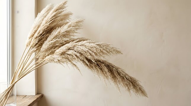 Natural dried pampas grass stems arranged diagonally in a minimalist boho interior decoration