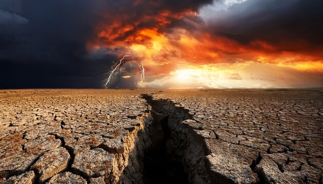 dramatic cracked earth with fiery chasm under stormy sky