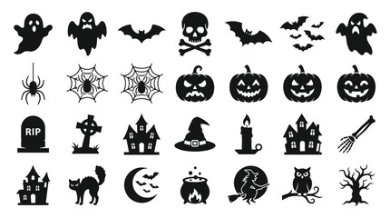 Obraz premium Halloween silhouette icons set with ghosts, bats, skulls, pumpkins, haunted houses, and witches 