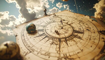 Fototapeta premium Intricate Celestial Map with Globes and Cloudy Sky Backdrop.