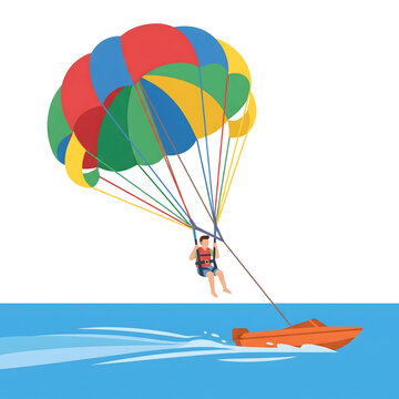 Parasailer glides through the air pulled by a speed boat during an adventurous summer water sport activity on the sea.