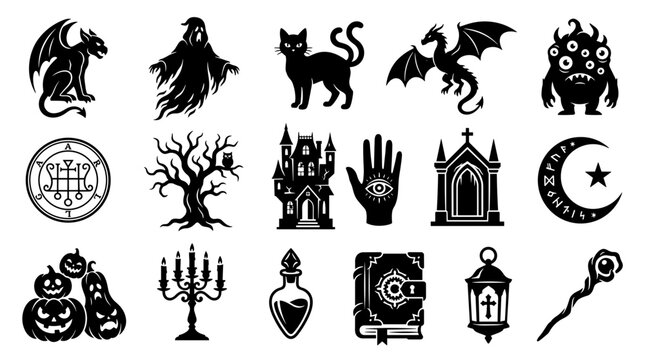 Dark fantasy Halloween icons set with gargoyle, ghost, dragon, haunted castle, and magic symbols
