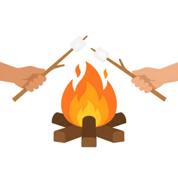 Campfire burning bright with hands roasting marshmallows on wooden sticks over flames.