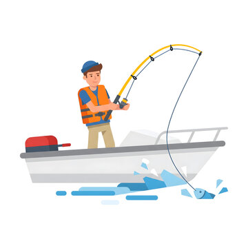 Fisherman wearing an orange safety vest reeling in a line from a small motorboat.