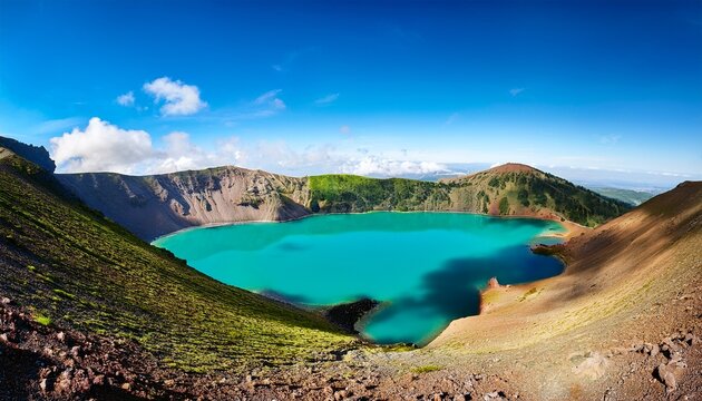 volcanic crater lake mountain landscape sunny day scenic view travel photography