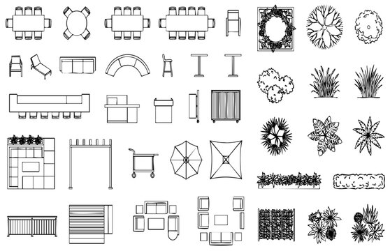 Rooftop Restaurant CAD Furniture and Landscape Blocks Top View Monoline Set