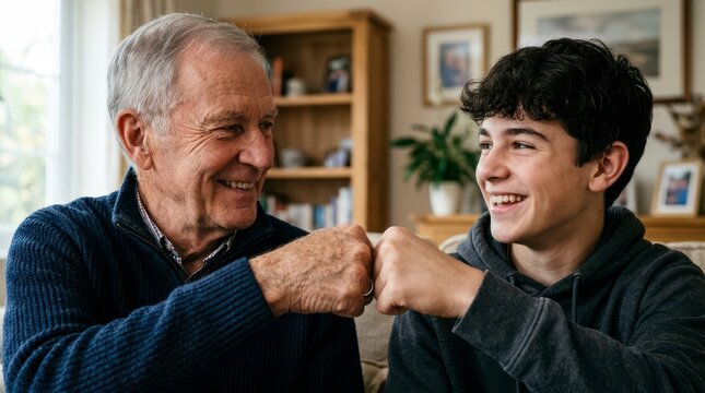 Elderly Man and Young Boy Sharing a Fist Bump of Friendship and Joy in a Cozy Living Room Setting