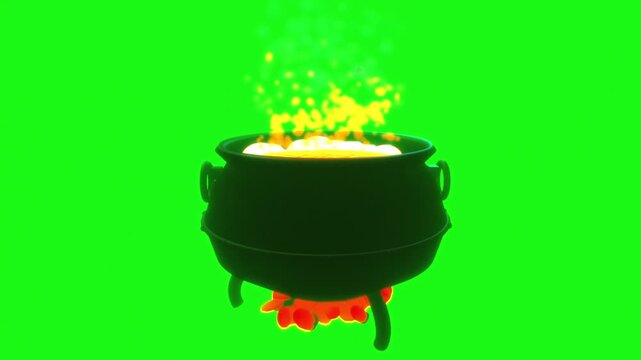 Cast iron cauldron boils bright yellow liquid emitting fiery smoke particles over burning logs on a green screen 3D animation