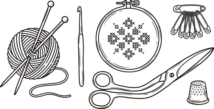 Hand drawn sewing and knitting tool illustrations including yarn ball, crochet hook, embroidery hoop, scissors, pins and thimble