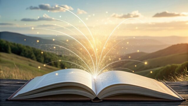 Luminous Book Releasing Data Streams in Open Landscape Sunset Glow