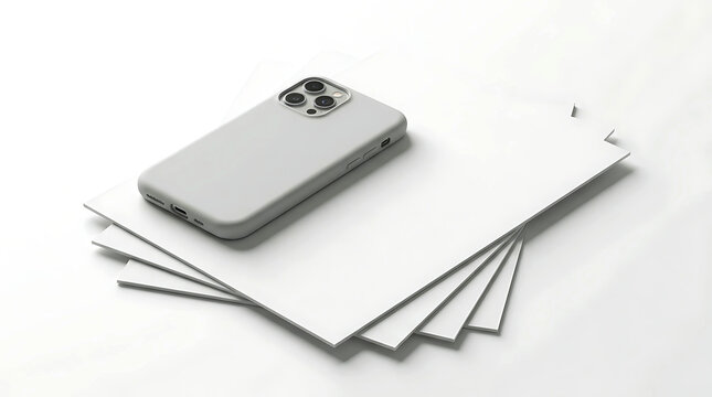 Minimalist mockup scene with smartphone and blank white paper sheets on desk
