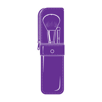 A purple of a makeup brush set inside a zippered carrying case, isolated on a white background, for beauty concepts
