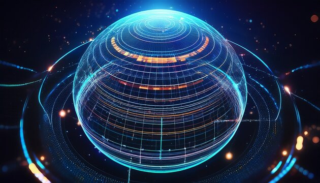 futuristic data visualization with layered probability fields and central prediction orb in dark space