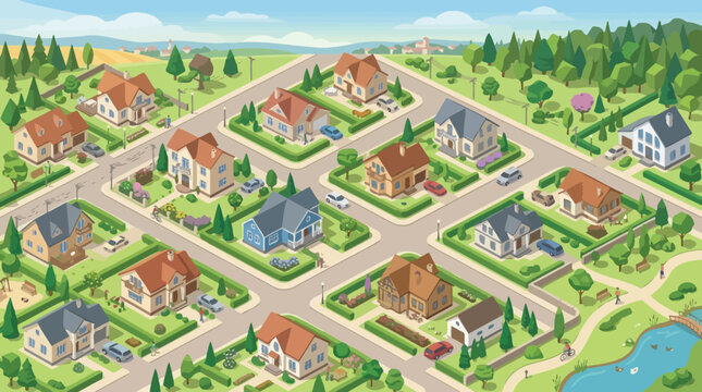 Suburban Neighborhood Aerial View: Diverse Houses, Green Yards, and Streets