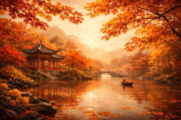 Obraz premium Traditional Asian pagoda pavilion by tranquil river with rowing boat and stone bridge surrounded by vibrant autumn foliage, peaceful Japanese garden landscape concept