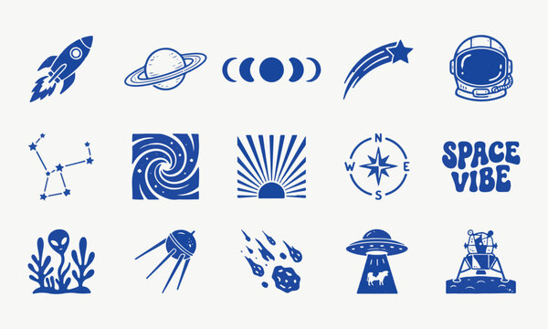 Outer Space Vector Icon Set with Rocket Planet Astronaut