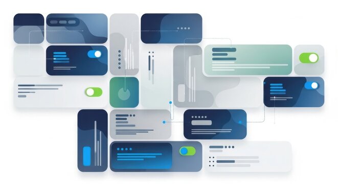 Abstract digital user interface dashboard with floating cards and toggle switches
