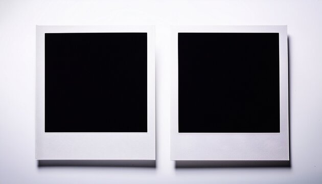 two white photo booth strips with empty frames against dark background isolated on white background