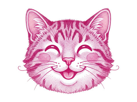Pink cute cartoon cat face with closed eyes isolated on transparent background