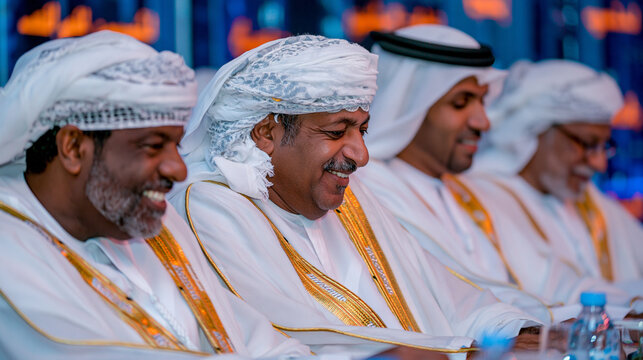 Omani men in traditional white dishdasha and mussar headdress smiling during a formal gathering