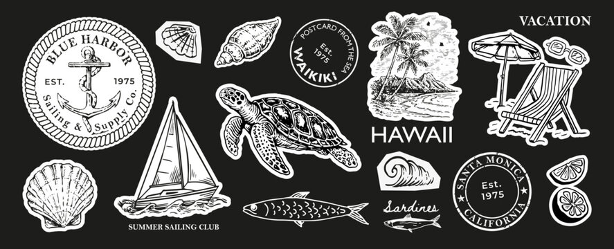 Vintage coastal travel badge collection featuring a sea turtle, sailboat, shells, fish, palm trees, beach chair, anchor and tropical motifs.