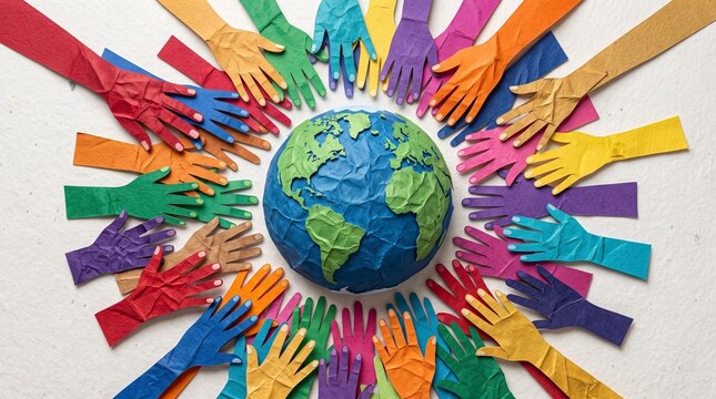 A vibrant clay model of the Earth surrounded by a radial arrangement of colorful latex-gloved hands, symbolizing global unity, diversity, and collective action for environmental protection.