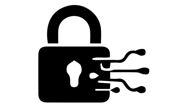 Cyber security padlock icon, digital data protection symbol, black silhouette lock with circuit lines for network safety