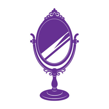 Purple of an ornate oval vanity mirror with a decorative stand isolated on a plain white background
