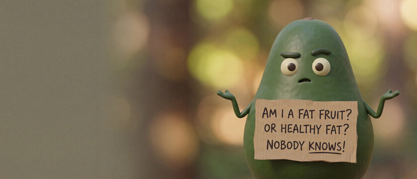 3d rendered cute avocado character holding a sign with a funny question about fat content in a blurred outdoor setting