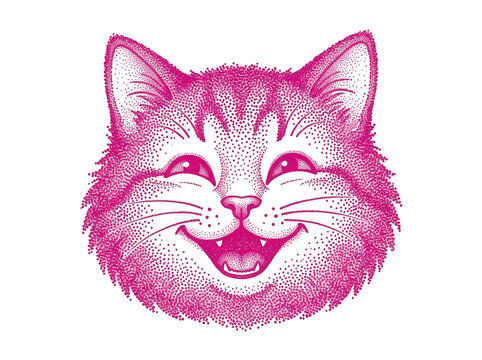 Smiling pink pixel cat face with whiskers isolated on transparent background