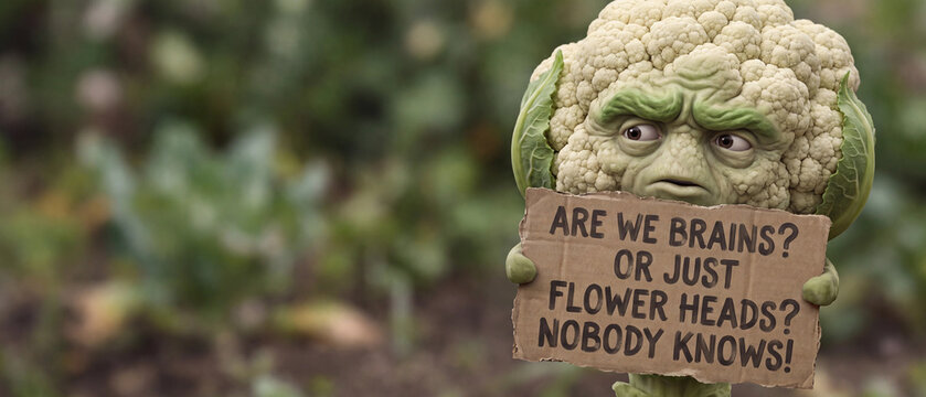 Anthropomorphic cauliflower character with a grumpy face holding a cardboard sign with an existential question in a garden