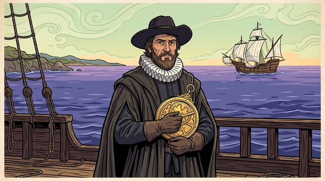 An illustration of a 17th-century European explorer or navigator standing on the deck of a wooden sailing ship, holding a brass astrolabe while surveying the horizon at sea.