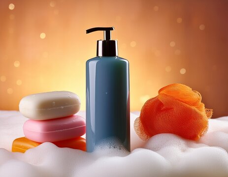 a sleek shower gel bottle atop fluffy foam surrounded by vibrant soaps in a warm inviting glow