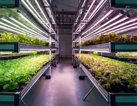 modern vertical farm with hydroponic systems and grow lights