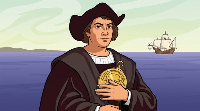 A digital illustration of Christopher Columbus wearing a wide-brimmed Renaissance hat and dark cloak, holding a navigation tool with a vintage ship sailing on the sea in the background.