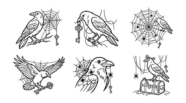 Set of gothic raven illustrations with spider webs and vintage keys