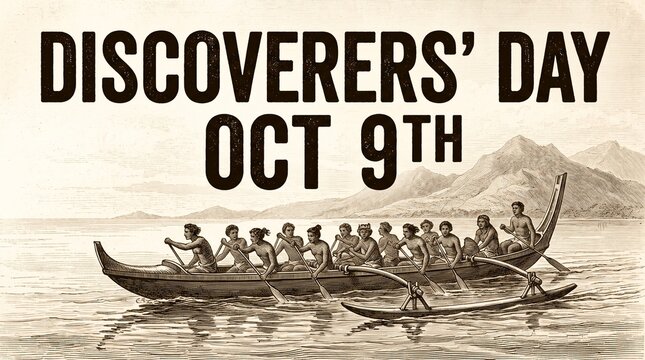 Vintage-style illustration of an outrigger canoe with a crew of rowers on the ocean, featuring the text Discoverers' Day Oct 9th, celebrating Polynesian navigation and maritime heritage.