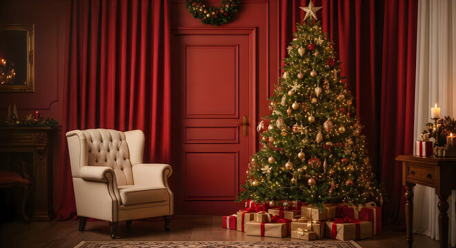Festive christmas tree with gifts in a luxurious red room interior