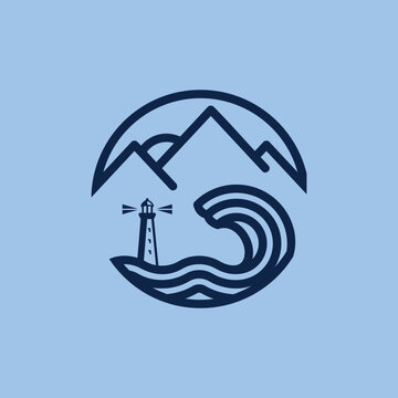 Lighthouse Wave Mountain &ndash; Coastal Adventure Logo Illustration Creative Design Template 