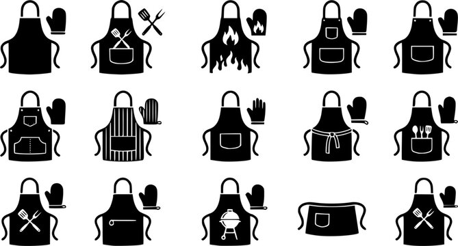 Apron & Chef Mitt Silhouette Icon Set. Collection of food & culinary silhouettes, including apron & chef mitt, detailed BBQ and grilling shapes, and more.