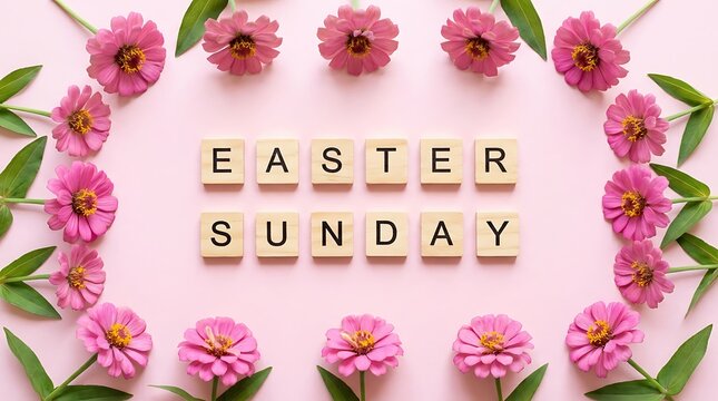 Easter sunday text surrounded by pink flowers perfect for sweetest day greeting cards and spring holiday celebration designs