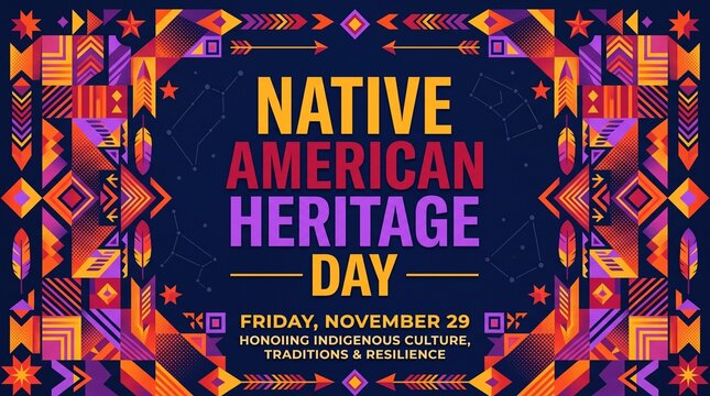 Vibrant Graphic Banner Celebrating Native American Heritage Day on November 29th featuring Geometric Indigenous-inspired Patterns and Cultural Motifs on a Dark Blue Background