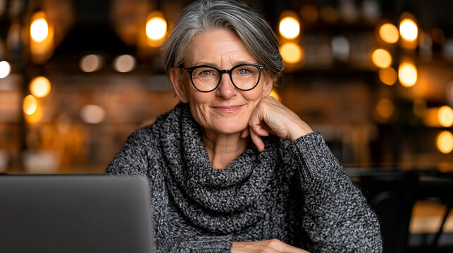 Middle aged woman with gray hair smiling while sitting at a desk with a laptop