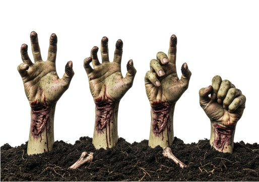 Four scary zombie hands rising from the dark dirt ground for halloween