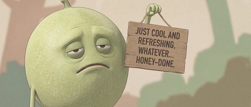 A bored, anthropomorphic honeydew melon character holding a wooden sign that says just cool and refreshing, whatever honeydone