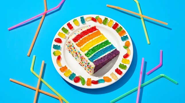 A colorful slice of rainbow cake on a plate with gummy bears for a sweetest day celebration